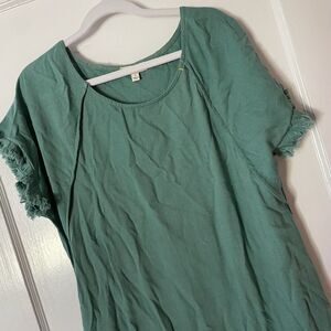 Umgee Long Green Linen Blend Shortsleeved‎ Dress Small S Round Neck Modest